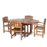 TE70-20-B 5-Piece Teak Oval Extension Patio - Table & 4 Folding Chairs Dining Set for Outdoor & Indoor Events | Built in Hide-Away Butterfly Extension Leaf | Blue Cushions